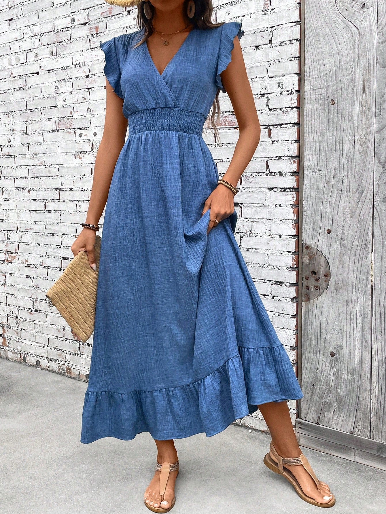 Luna | Women's V-Neck Maxi Dress with Smocked Waist and Ruffle Hem