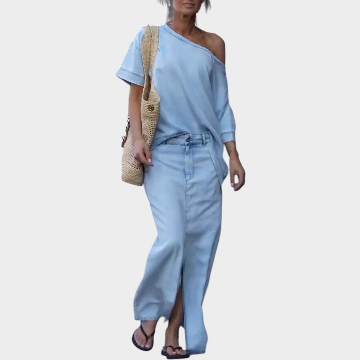 Women's Matching Set Off Shoulder Denim Two Piece Set