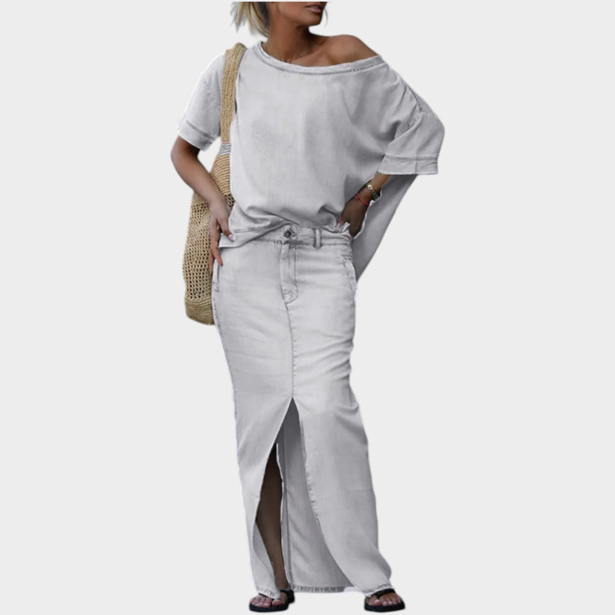 Women's Matching Set Off Shoulder Denim Two Piece Set