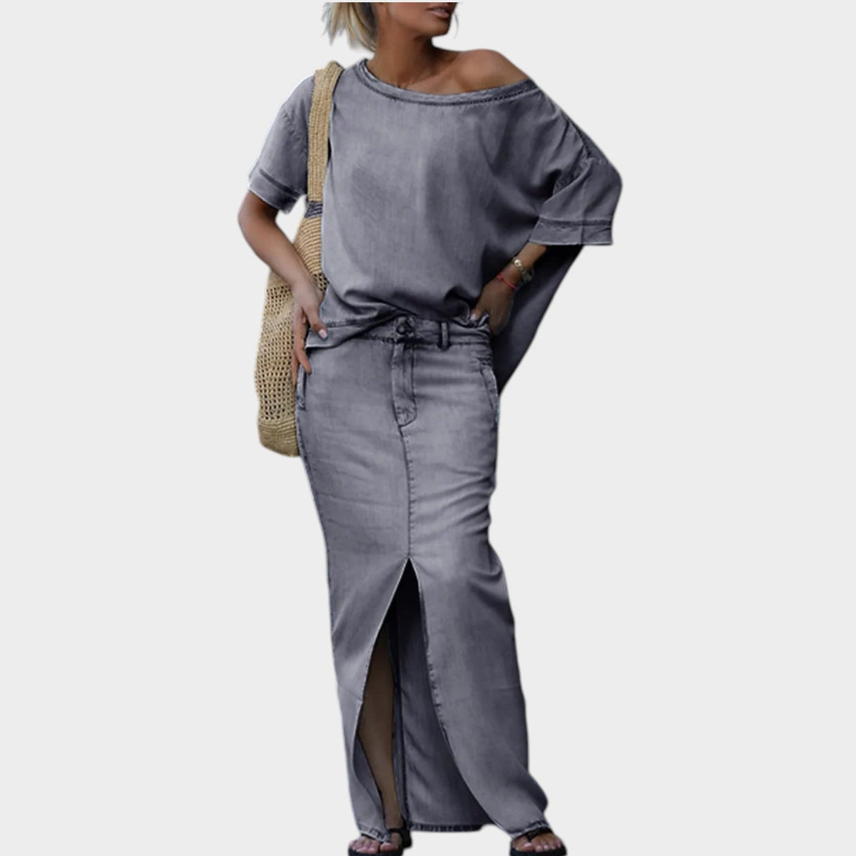 Women's Matching Set Off Shoulder Denim Two Piece Set