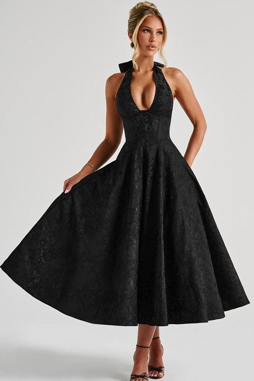 Genevieve™ | Sleeveless Jacquard Maxi Dress with V-Neck Halterneck Design