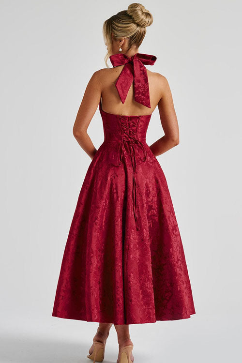 Genevieve™ | Sleeveless Jacquard Maxi Dress with V-Neck Halterneck Design
