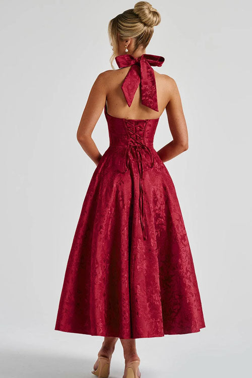 Genevieve™ | Sleeveless Jacquard Maxi Dress with V-Neck Halterneck Design