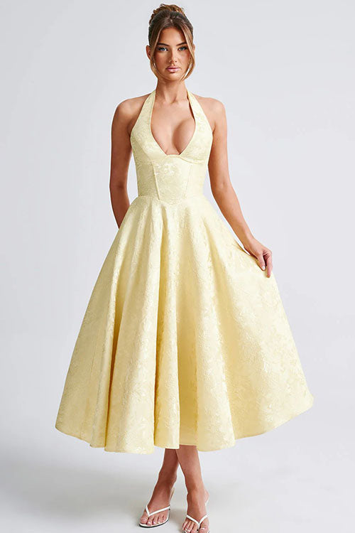 Genevieve™ | Sleeveless Jacquard Maxi Dress with V-Neck Halterneck