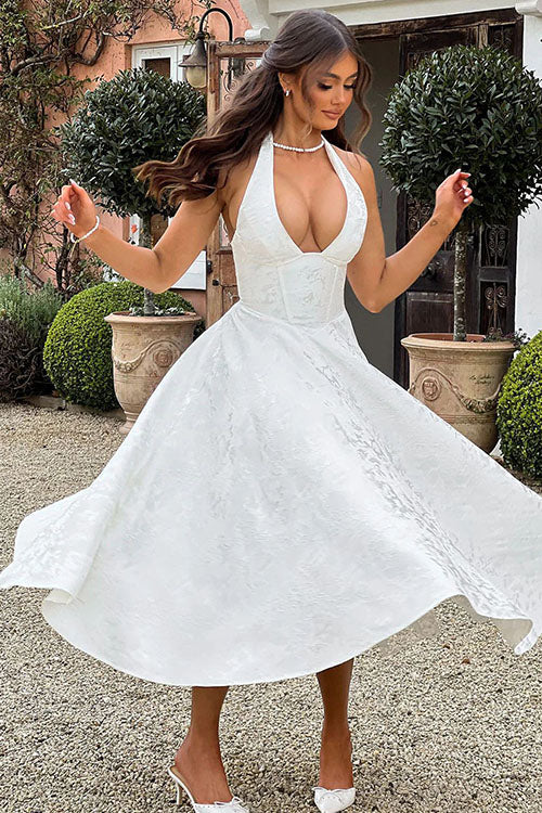 Genevieve™ | Sleeveless Jacquard Maxi Dress with V-Neck Halterneck
