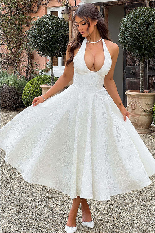 Genevieve™ | Sleeveless Jacquard Maxi Dress with V-Neck Halterneck