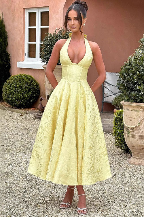 Genevieve™ | Sleeveless Jacquard Maxi Dress with V-Neck Halterneck Design