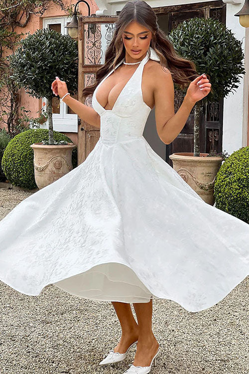 Genevieve™ | Sleeveless Jacquard Maxi Dress with V-Neck Halterneck