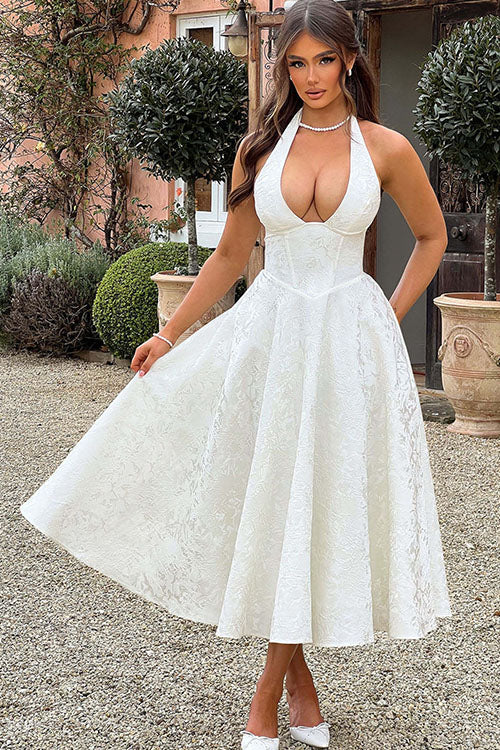 Genevieve™ | Sleeveless Jacquard Maxi Dress with V-Neck Halterneck Design