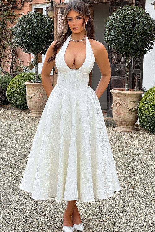 Genevieve™ | Sleeveless Jacquard Maxi Dress with V-Neck Halterneck Design