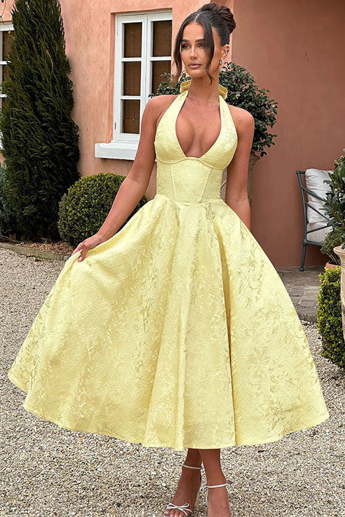 Genevieve™ | Sleeveless Jacquard Maxi Dress with V-Neck Halterneck