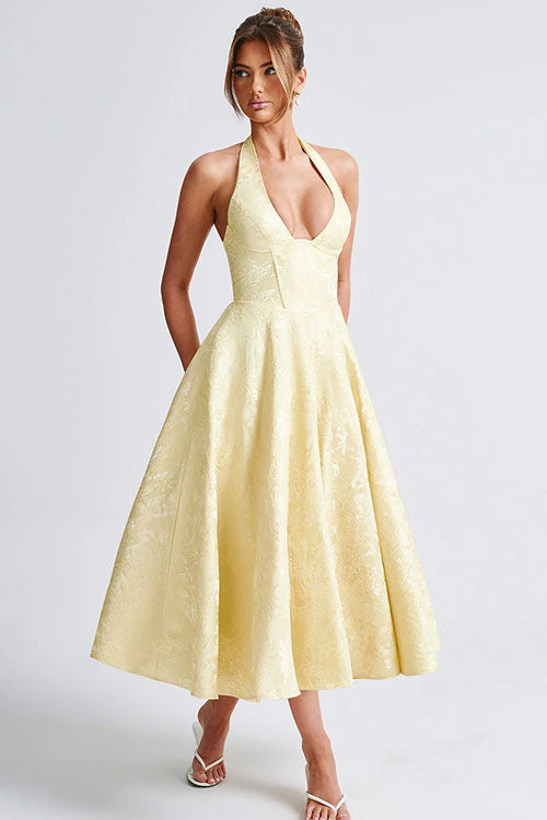 Genevieve™ | Sleeveless Jacquard Maxi Dress with V-Neck Halterneck