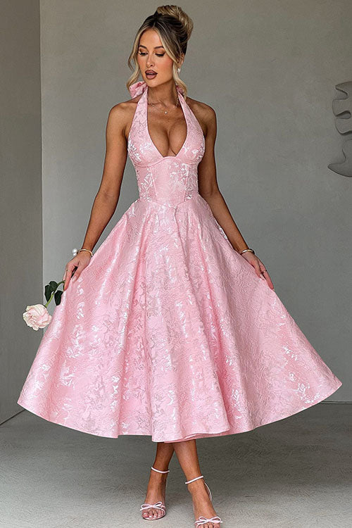 Genevieve™ | Sleeveless Jacquard Maxi Dress with V-Neck Halterneck