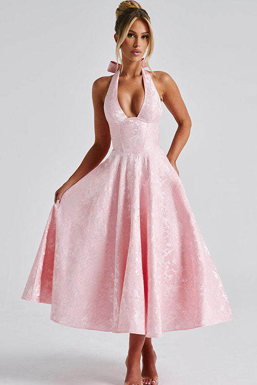 Genevieve™ | Sleeveless Jacquard Maxi Dress with V-Neck Halterneck Design