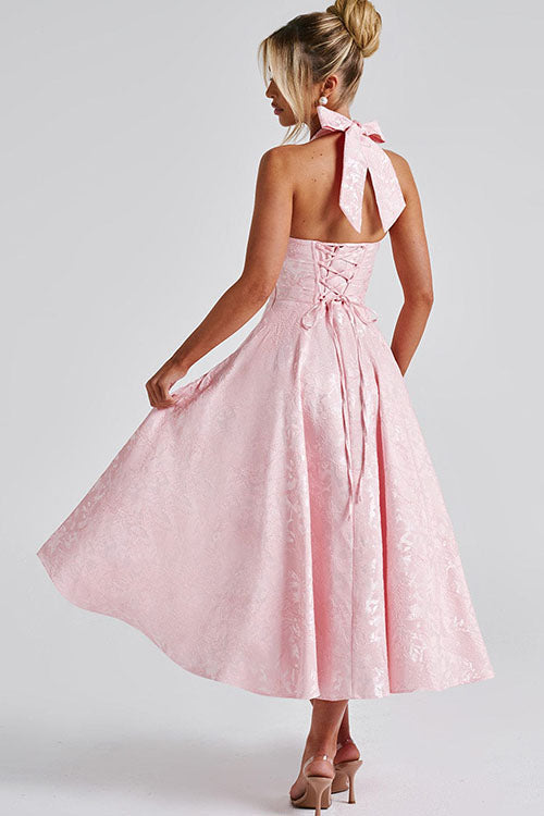 Genevieve™ | Sleeveless Jacquard Maxi Dress with V-Neck Halterneck