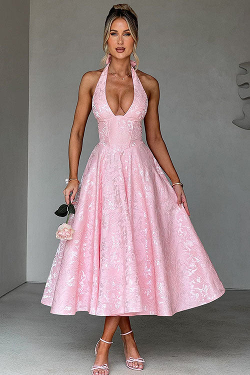 Genevieve™ | Sleeveless Jacquard Maxi Dress with V-Neck Halterneck