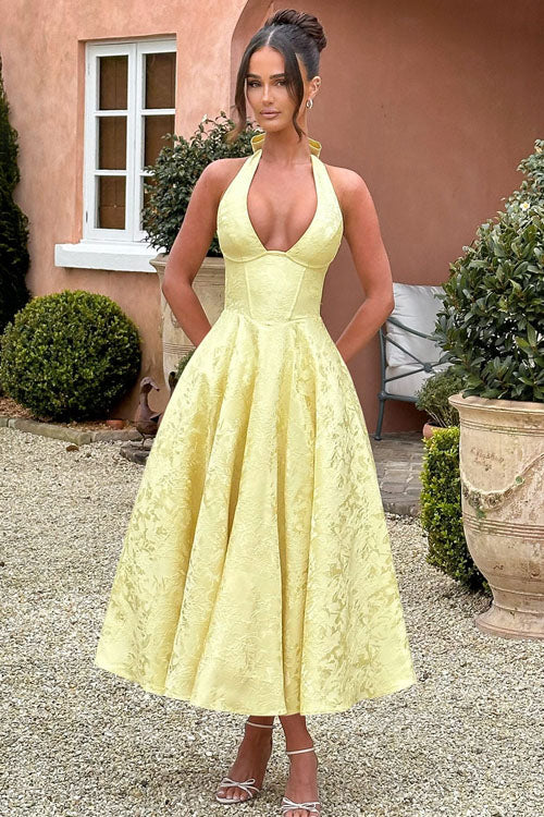Genevieve™ | Sleeveless Jacquard Maxi Dress with V-Neck Halterneck