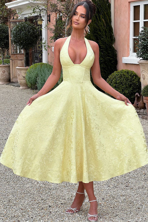 Genevieve™ | Sleeveless Jacquard Maxi Dress with V-Neck Halterneck