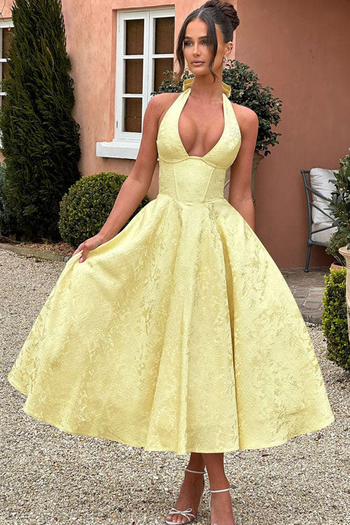 Genevieve™ | Sleeveless Jacquard Maxi Dress with V-Neck Halterneck Design