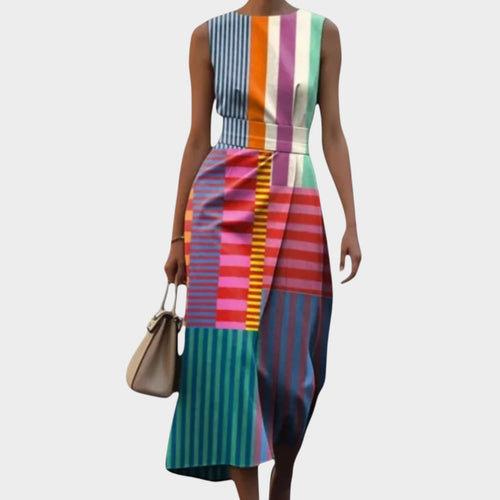 Women’s Geometric Colour-Block Midi Dress Sleeveless Round Neck