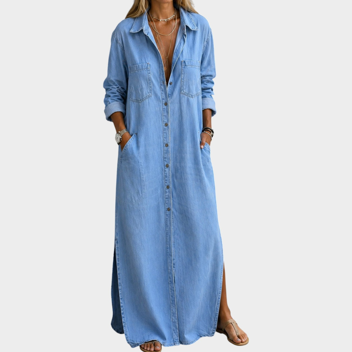 Women's Denim Maxi Dress Button Down Collared