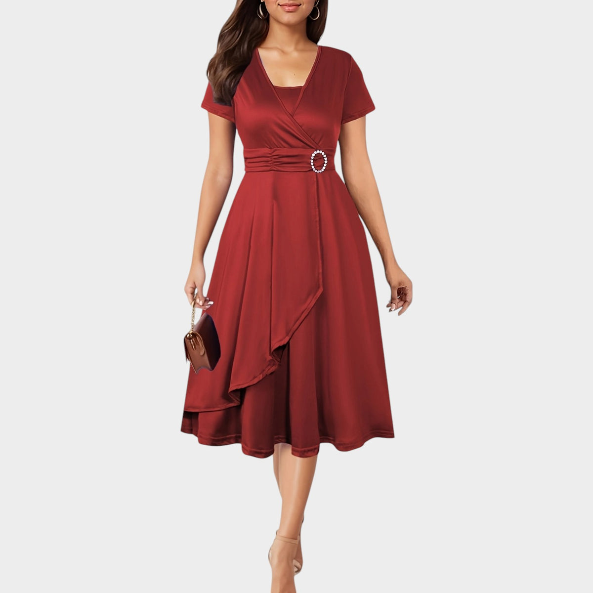 Women’s Wrap Midi Dress with Short Sleeves and Rhinestone Waist Detail