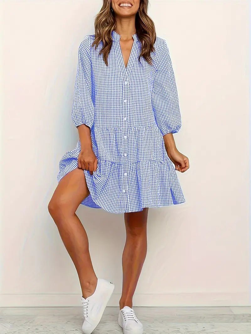 Rosie | Women's 3/4 Sleeve Gingham Print Button-Up Mini Dress