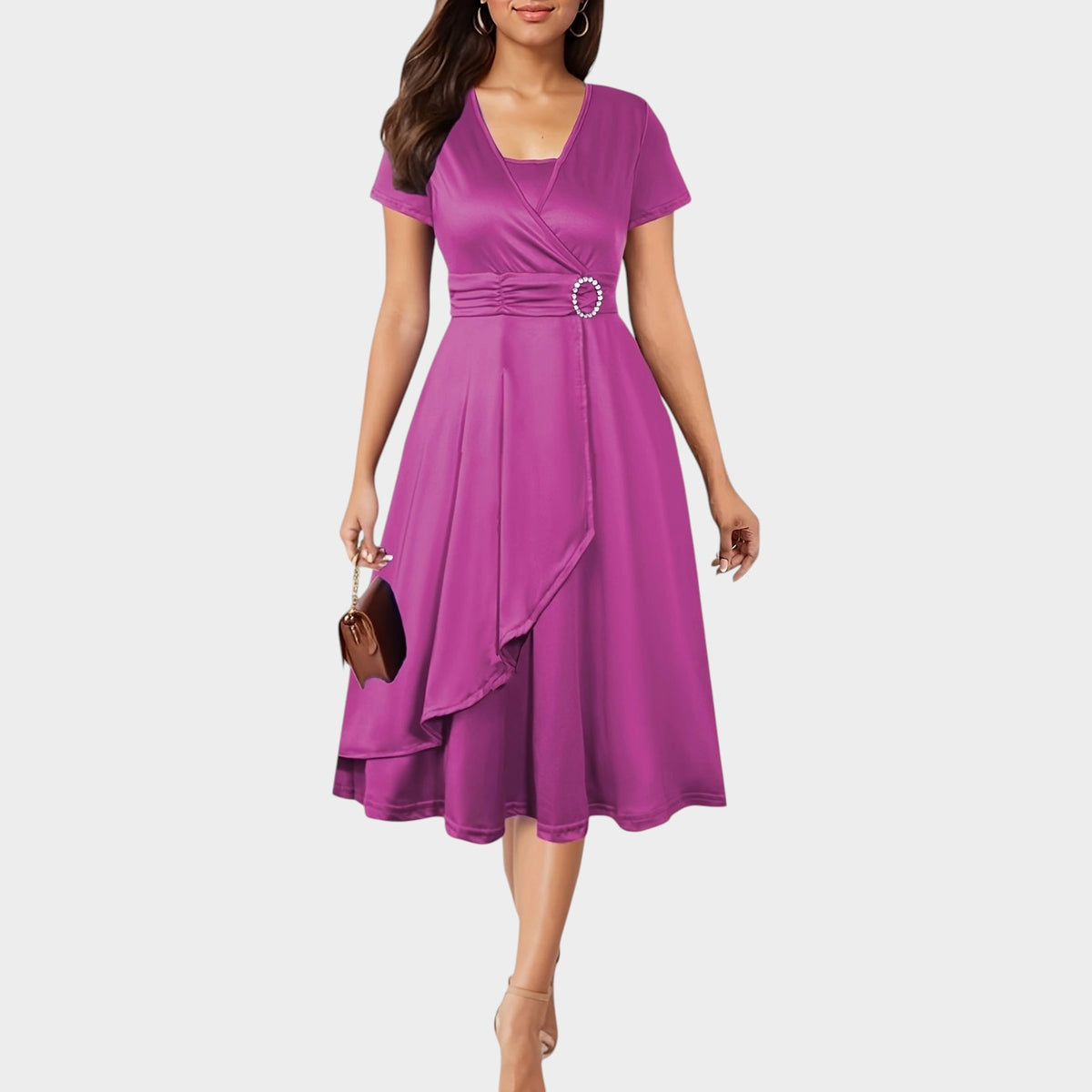 Women’s Wrap Midi Dress with Short Sleeves and Rhinestone Waist Detail