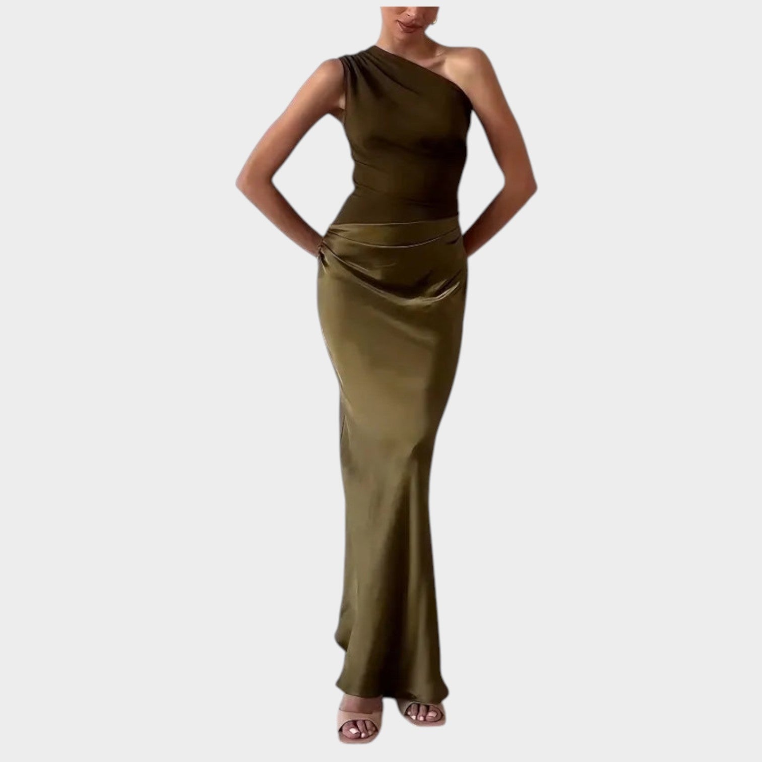 One Shoulder Wedding Guest Maxi Dress with Satin Skirt