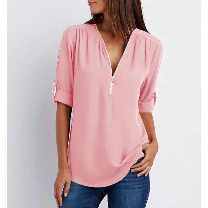 Rosé | Women's Casual Half Sleeve V-Neck Zip-Up Blouse