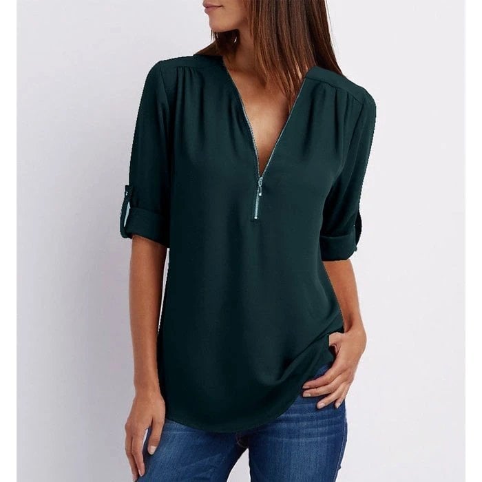Rosé | Women's Casual Half Sleeve V-Neck Zip-Up Blouse