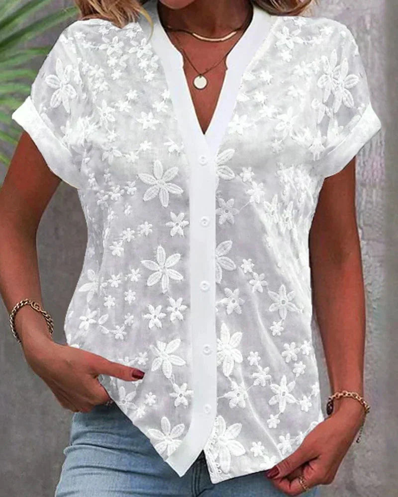 Claire | Women's Floral Lace Short Sleeve Button-Up Blouse