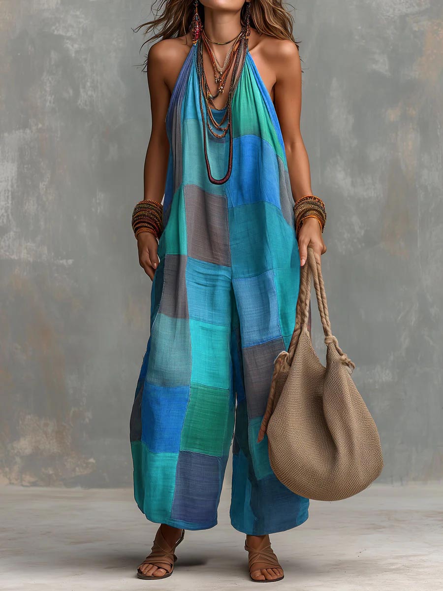 Patchwork Halter Wide-Leg Jumpsuit
