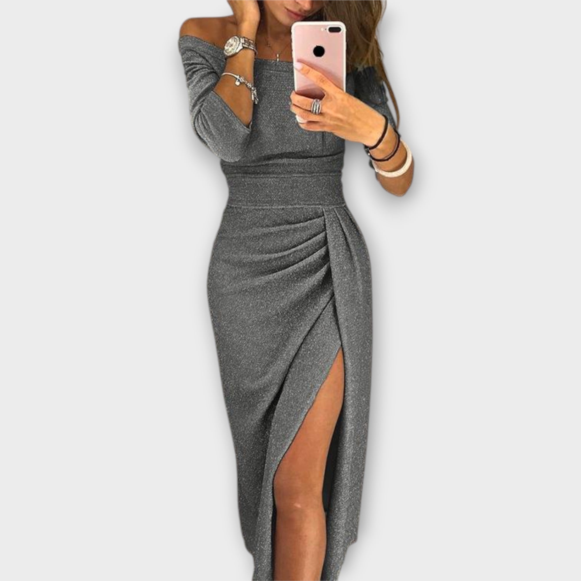 Formal Off Shoulder Ruched Midi Dress