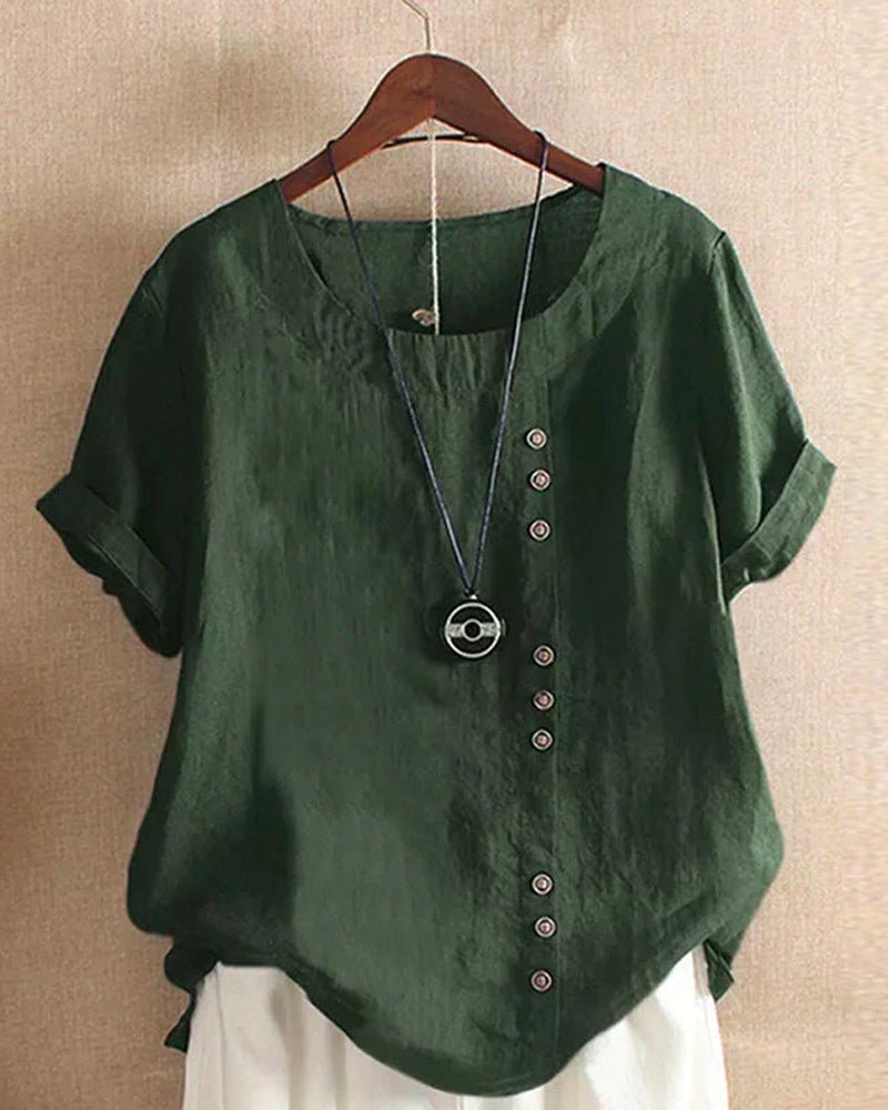 Linen Women's Casual Short Sleeve Top with Button Front and Crew Neck