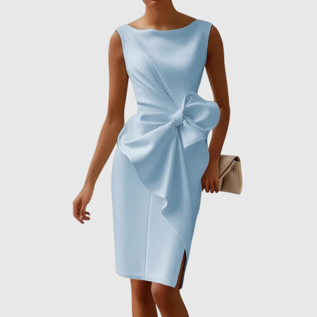 Eloise | Women's Sleeveless Midi Dress with Boat Neck and Bow Accent