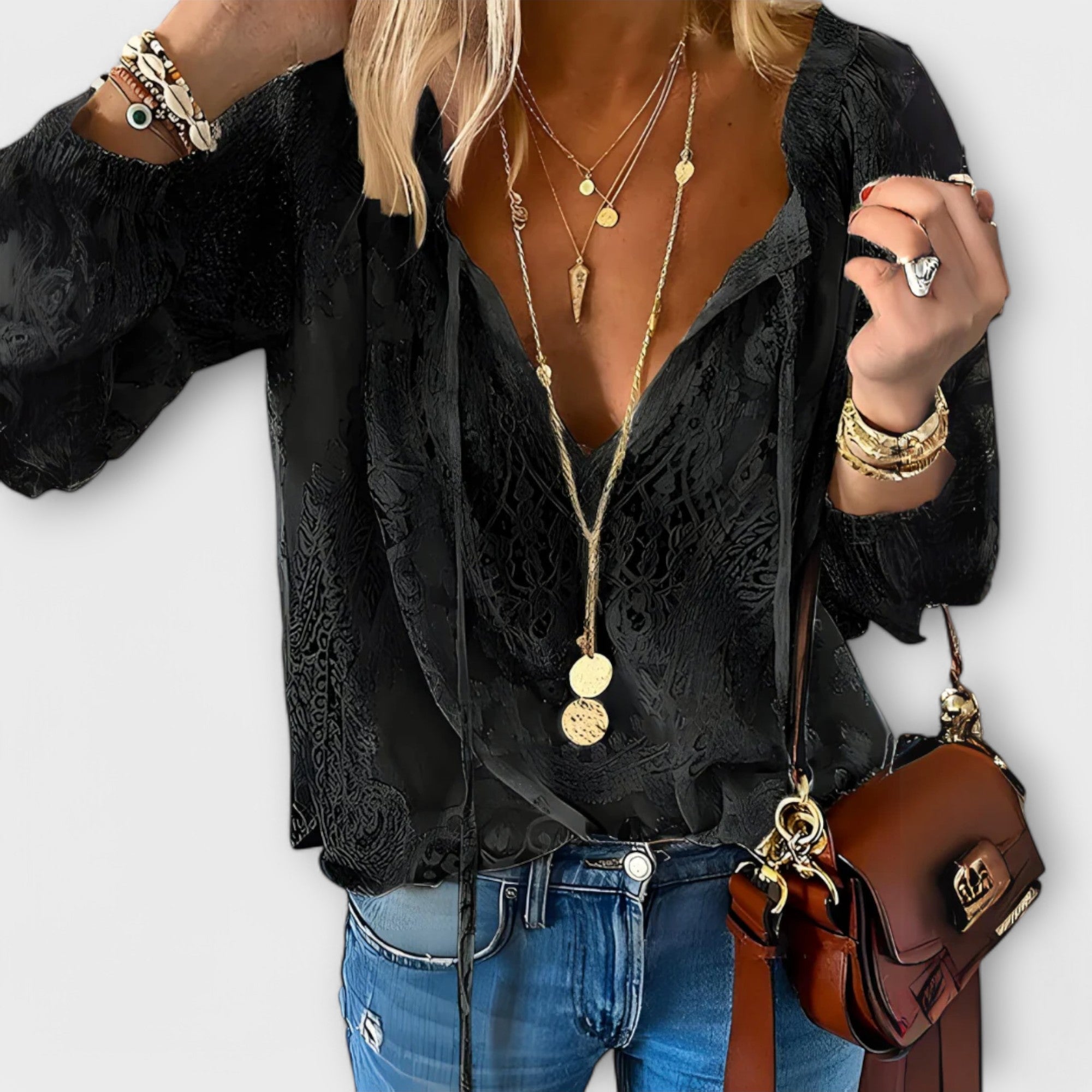 Zeleste | Boho Long Sleeve Blouse with Lace V-Neck for Women