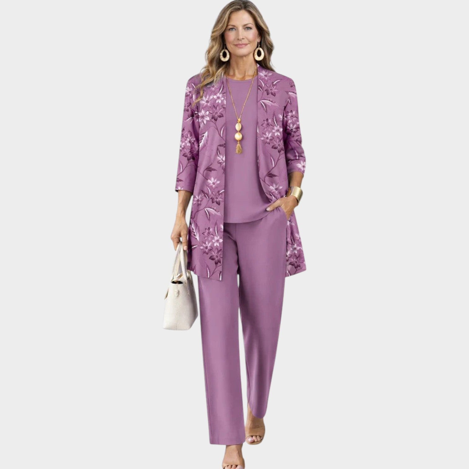 Three Piece Linen Floral Pants Set