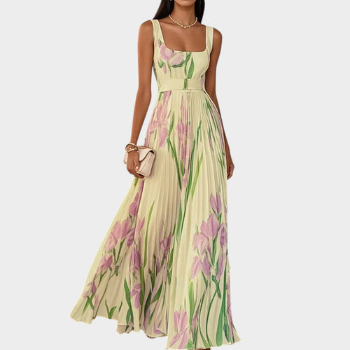 Women’s Pleated Maxi Dress Floral Print Square Neck Sleeveless