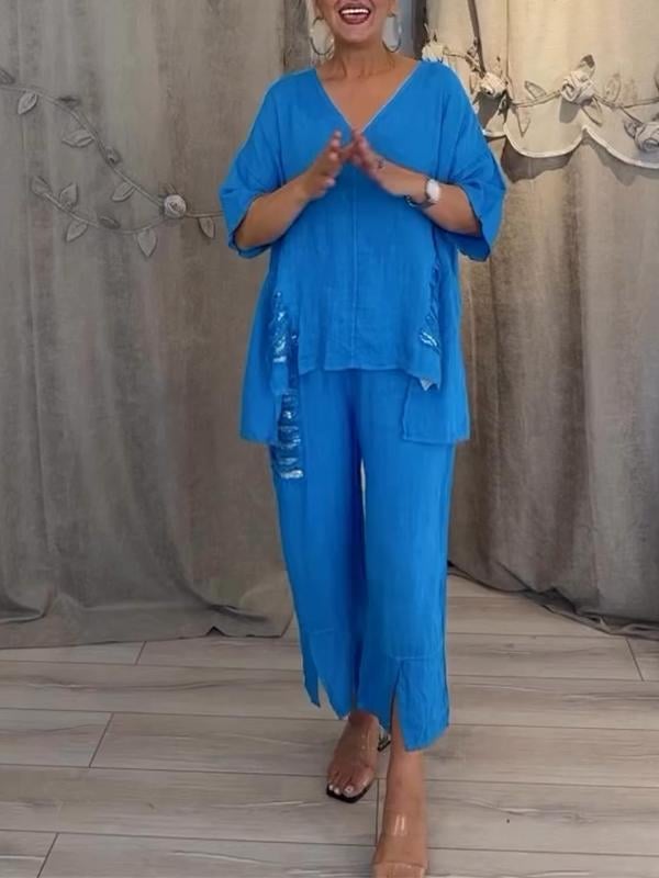 Pearl | Women's Casual V-Neck Top and Cropped Pants 2-Piece Set