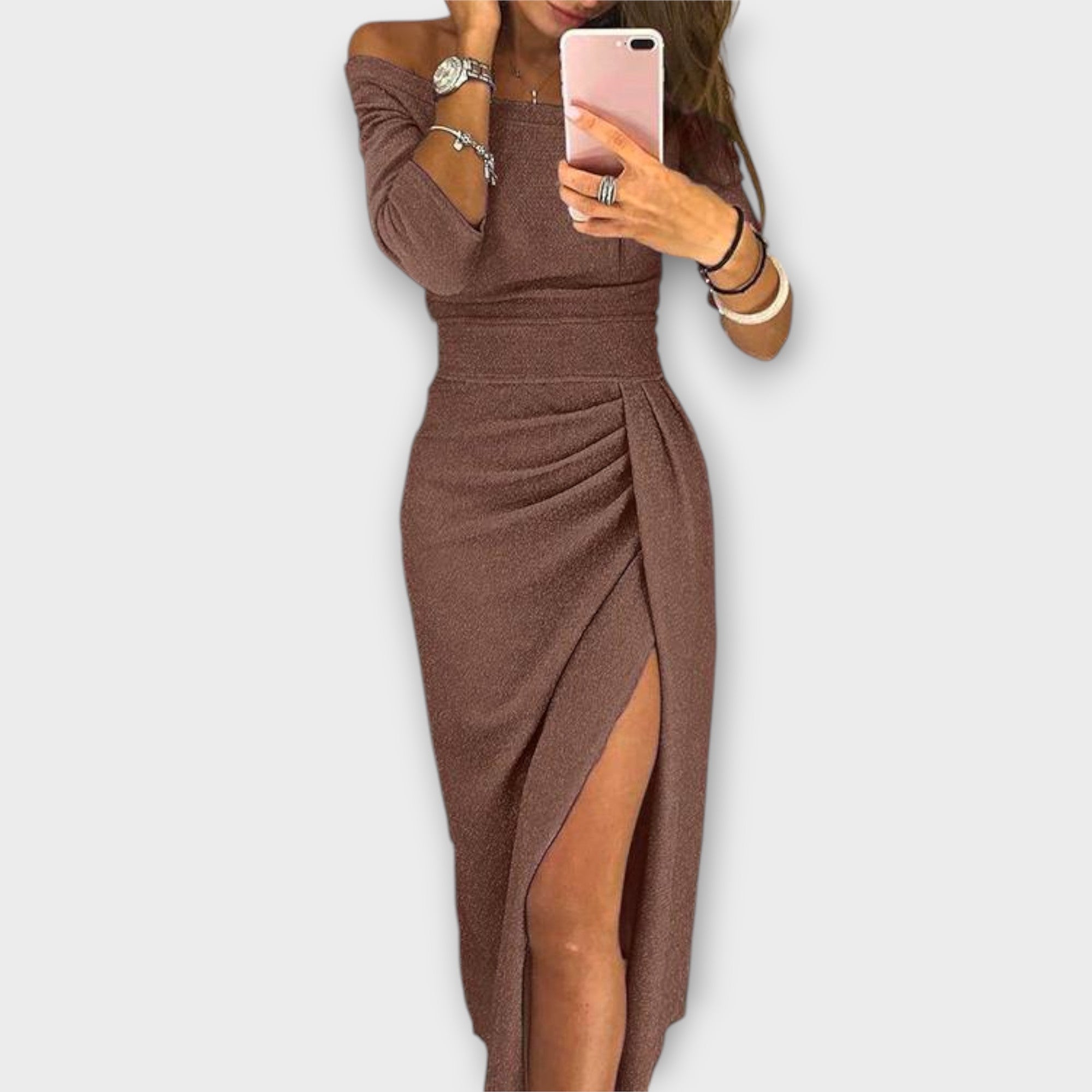 Formal Off Shoulder Ruched Midi Dress