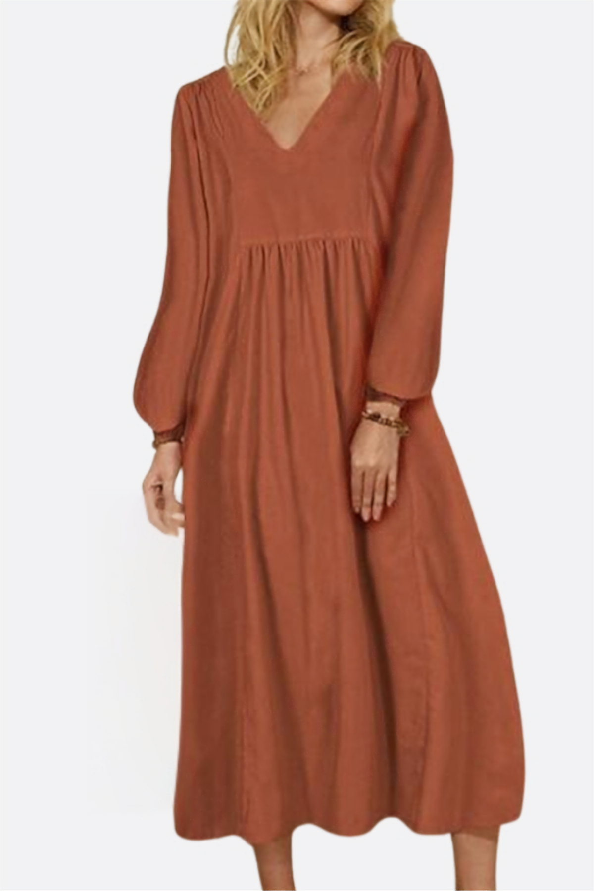 Autumn Women's Midi Dress with V-Neck, Smocked Waist, and Balloon Sleeves
