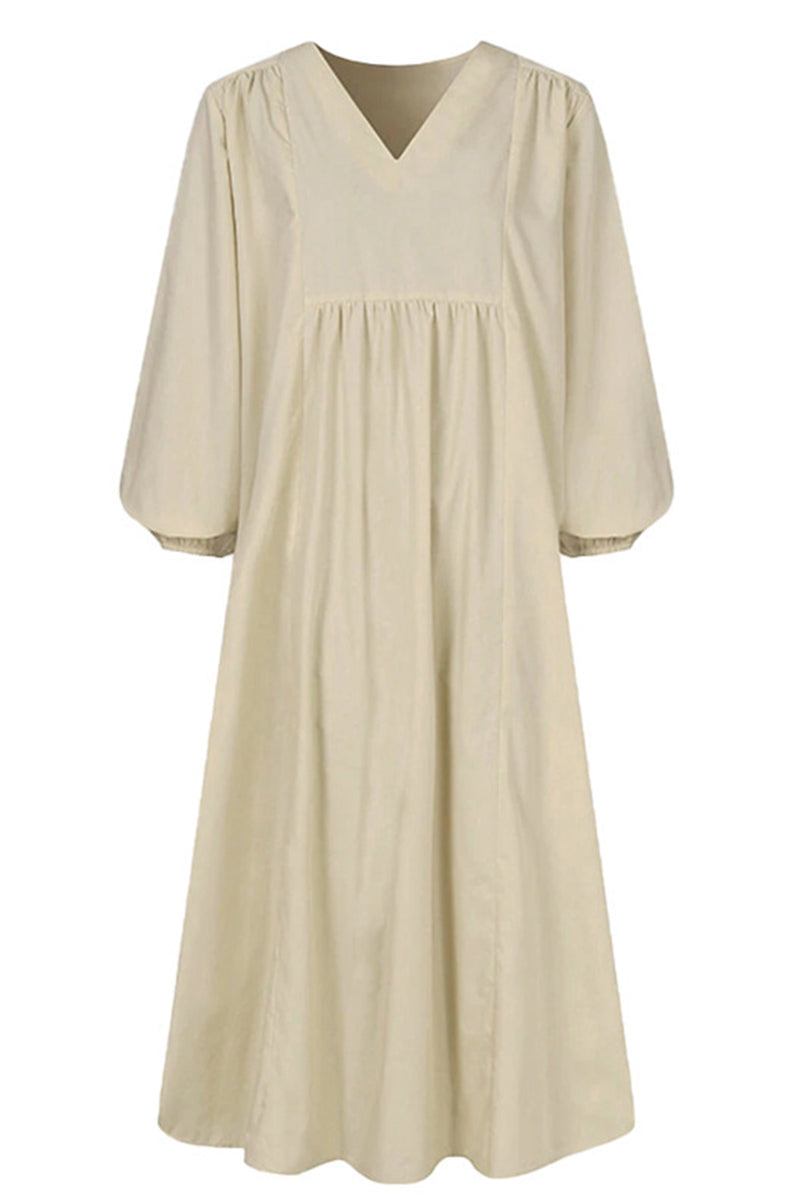 Autumn Women's Midi Dress with V-Neck, Smocked Waist, and Balloon Sleeves