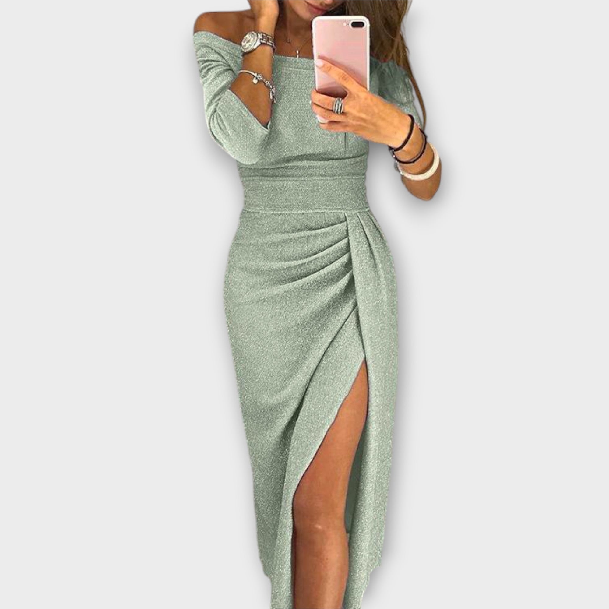 Formal Off Shoulder Ruched Midi Dress