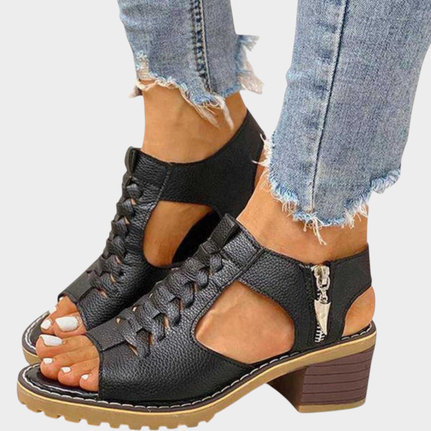 Block Heel Leather Sandals