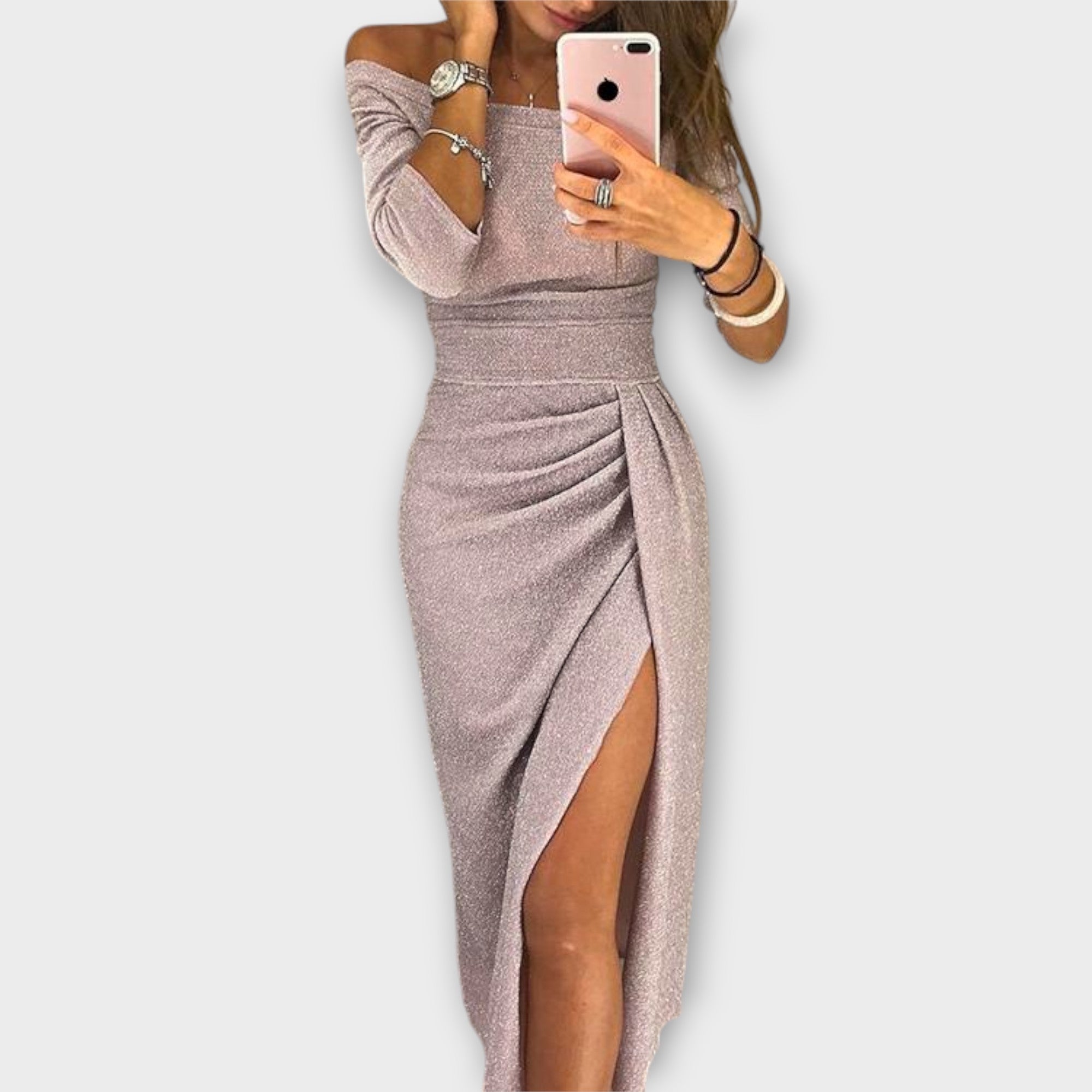 Formal Off Shoulder Ruched Midi Dress