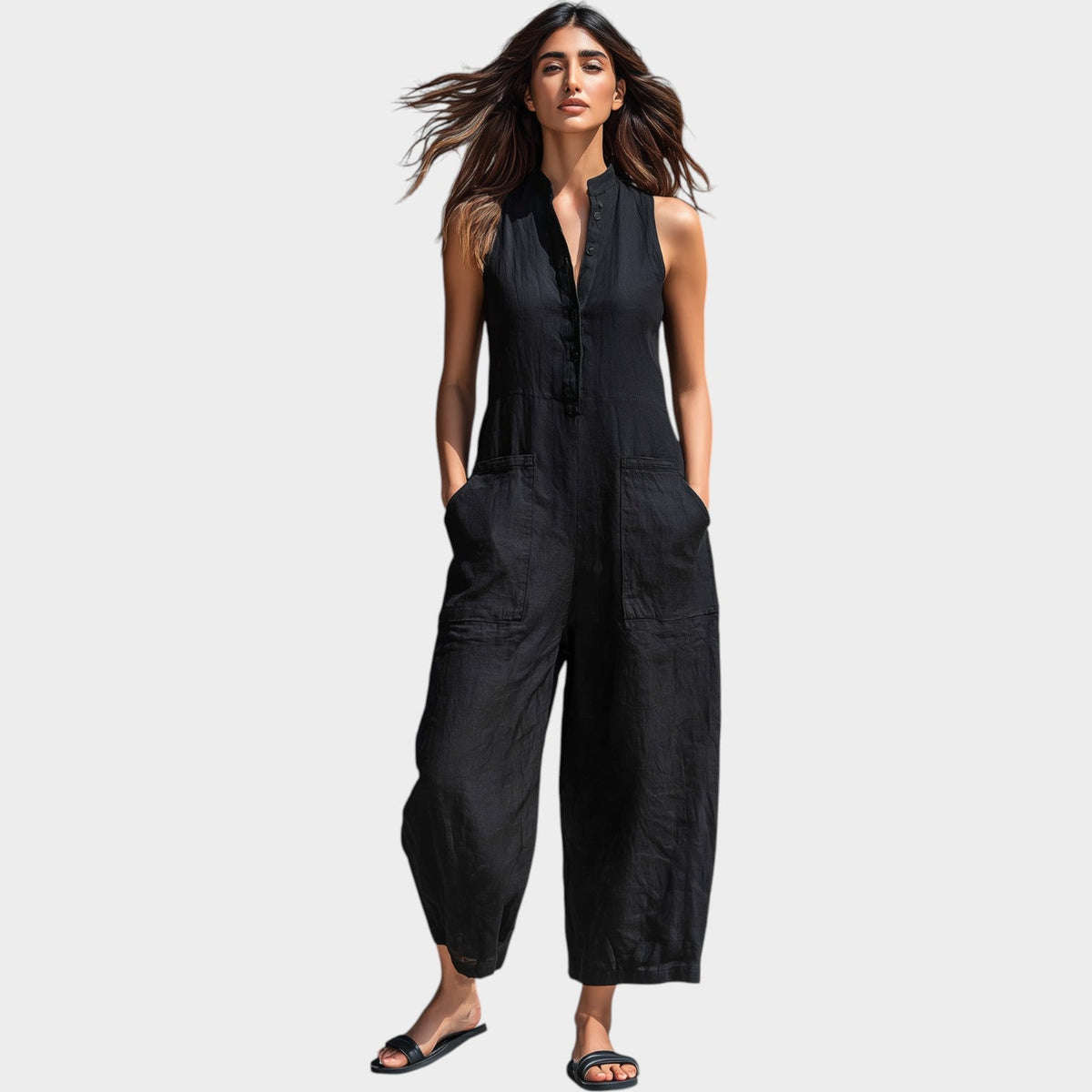 Women's Jumpsuit Sleeveless Linen Button‑Front