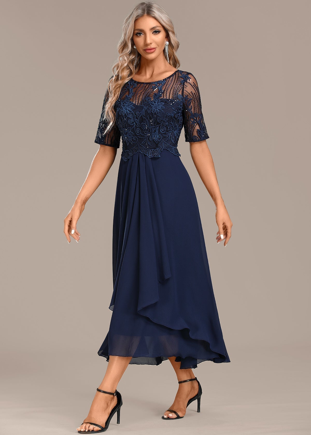 Katherine™ Navy Lace Short Sleeve Round Neck Dress