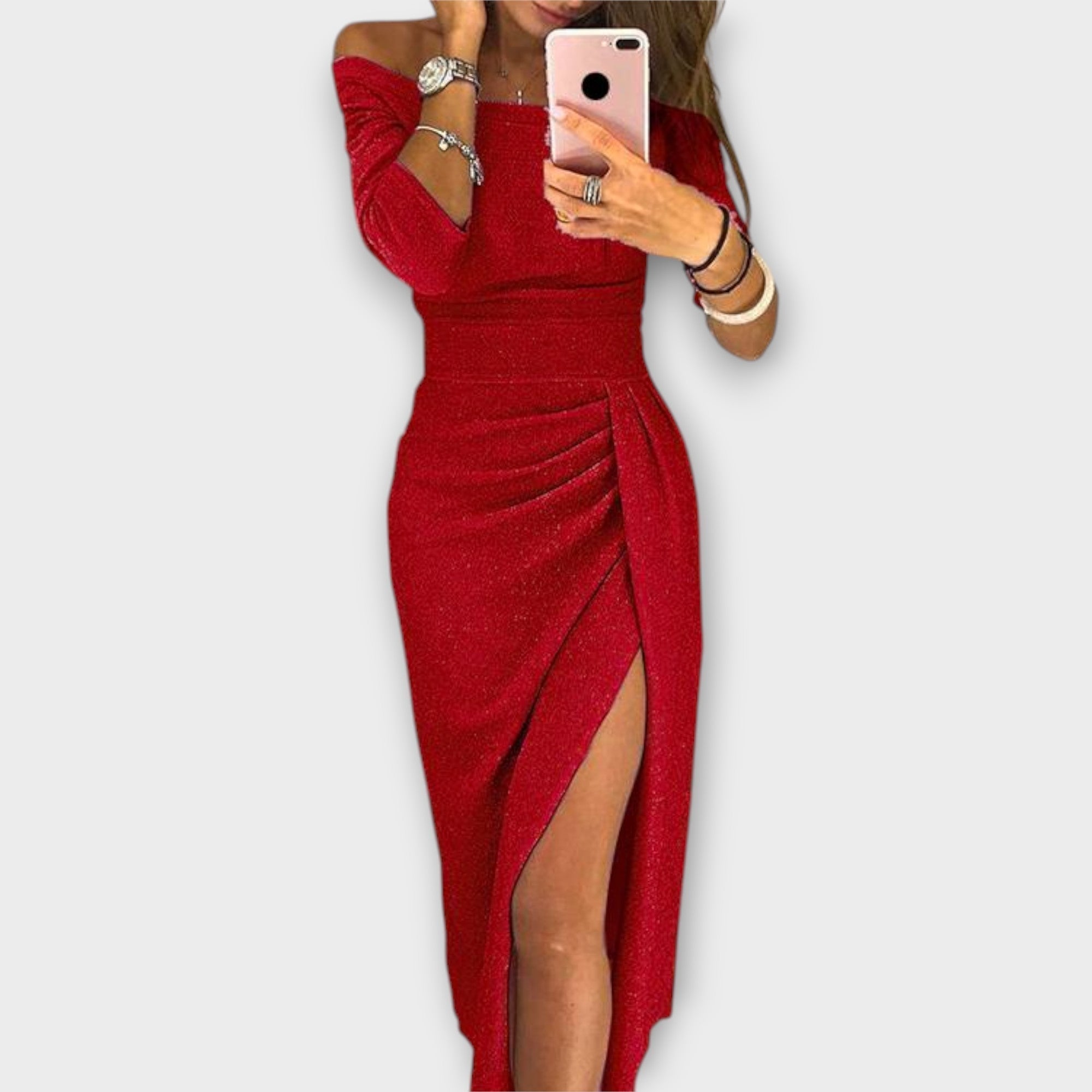 Formal Off Shoulder Ruched Midi Dress