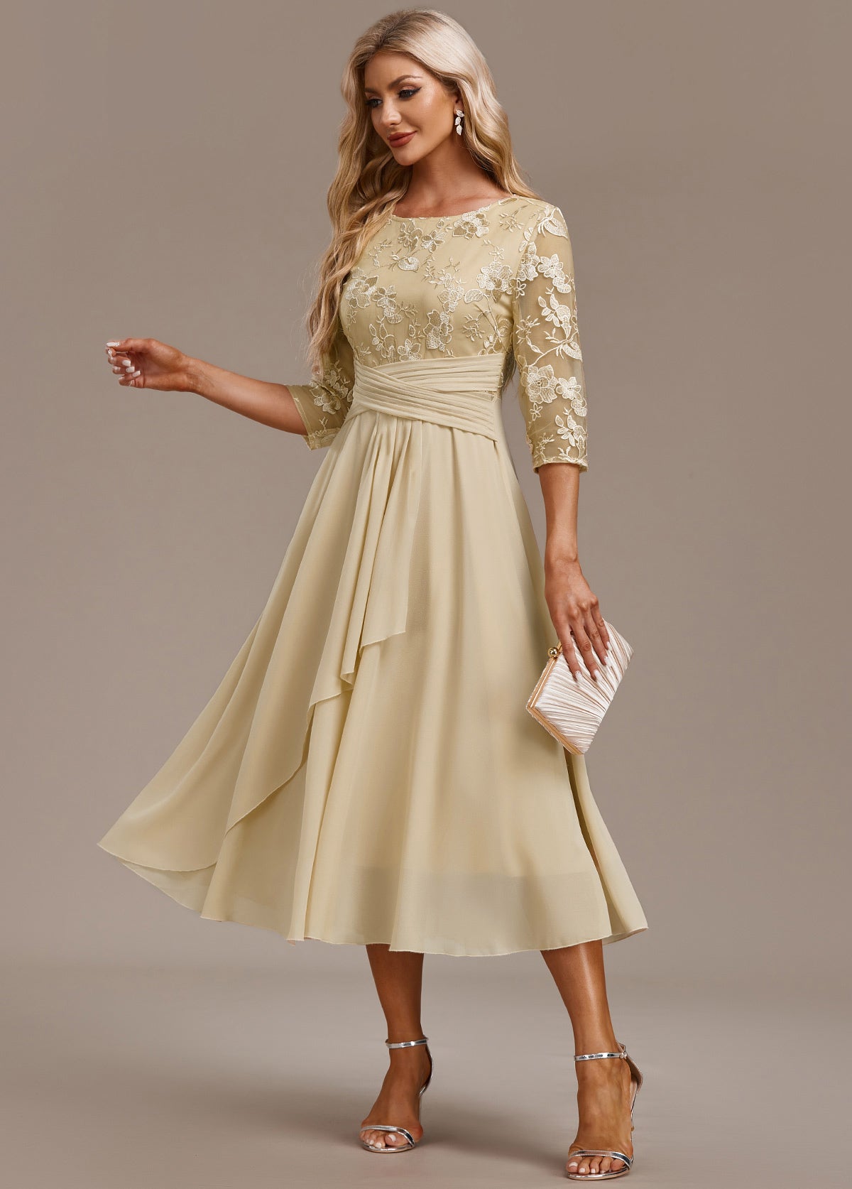 Karla™ | Champagne Floral 3/4 Sleeve Round Neck Dress